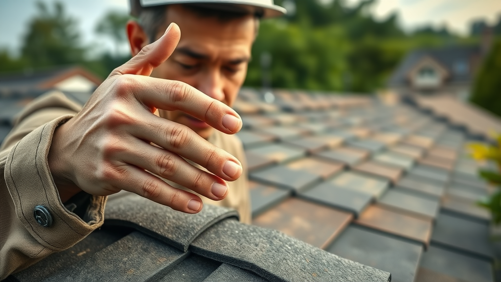 Professional roofer inspecting new roofing for insurance compliance