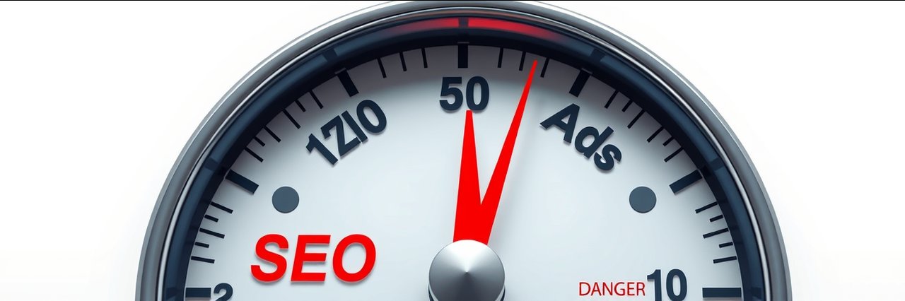 Digital marketing gauge with red zone warning, emphasizing risk and urgency