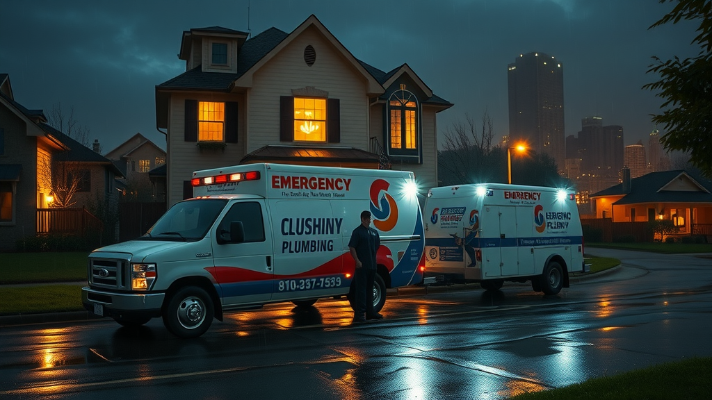 Emergency plumbing houston tx service truck at night in Houston neighborhood
