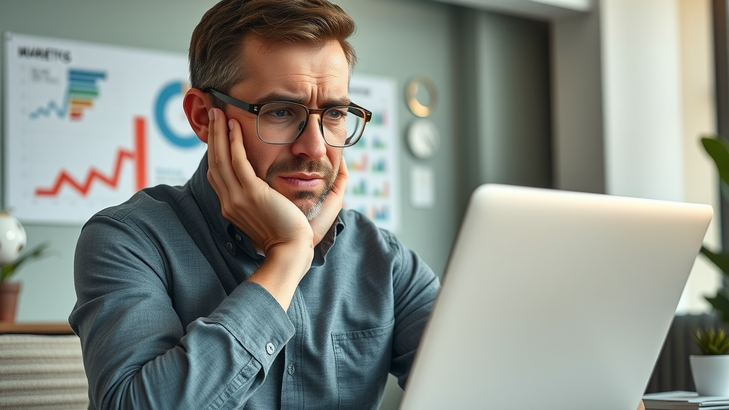 Small business owner stressed and struggling with digital marketing on laptop because of focusing on platforms over message