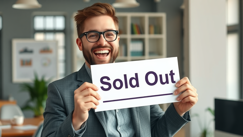 Happy coaching business owner holding sold-out sign, symbolizing success after fixing digital marketing offer