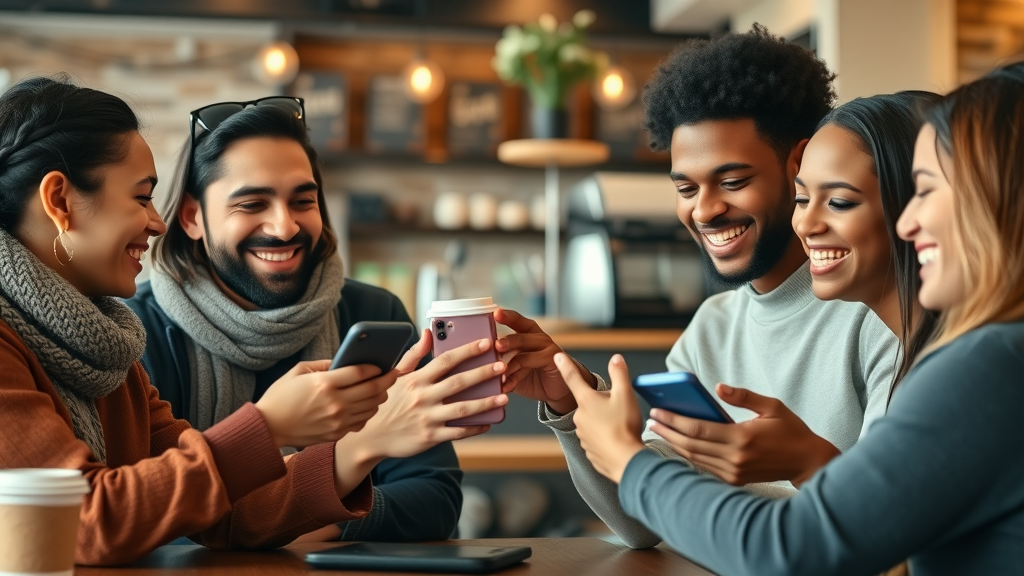 Loyal customers share referral marketing experiences, happy group with smartphones