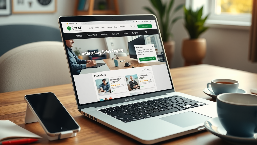 Open laptop displaying effective digital marketing website with customer reviews