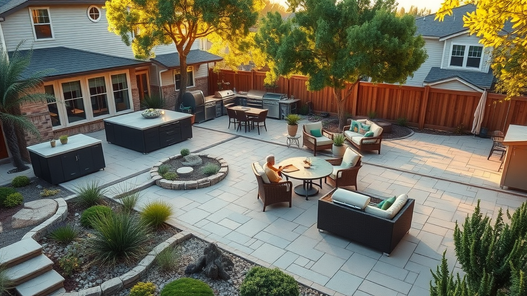 Lush landscape renovations showcasing outdoor kitchen and water features