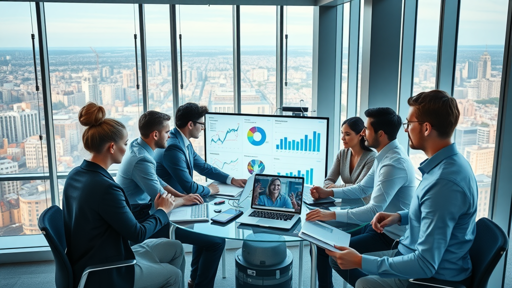Diverse marketing team analyzing digital marketing dashboards in a modern office