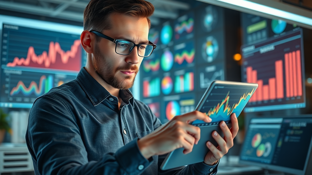 Insightful digital marketer analyzing colorful social media marketing data charts, in a high-tech workspace - social media data analysis