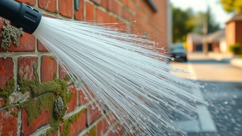 High-pressure washing cleans brick surface in Columbia SC, removing grime and mold.