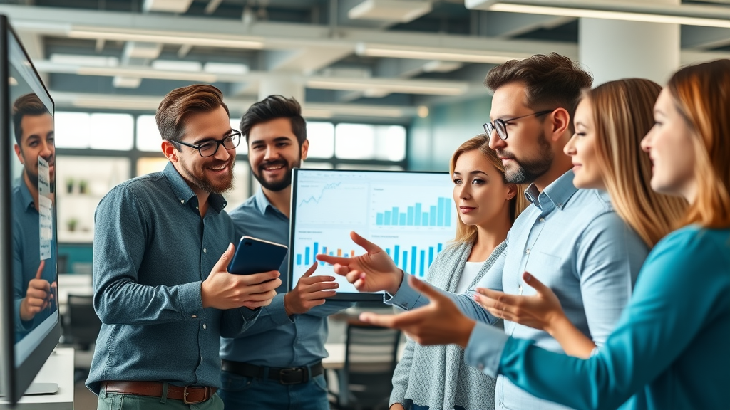 Vibrant marketing team analyzing content marketing analytics dashboards in a modern office