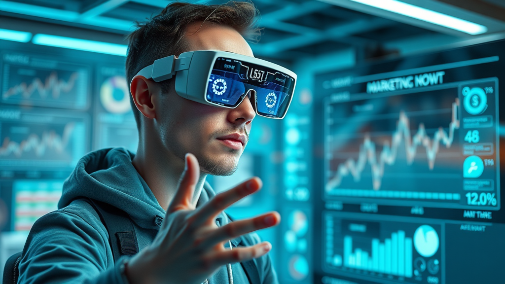 Futuristic marketing technologist uses augmented reality glasses to interpret advanced social media marketing data - emerging analysis technology