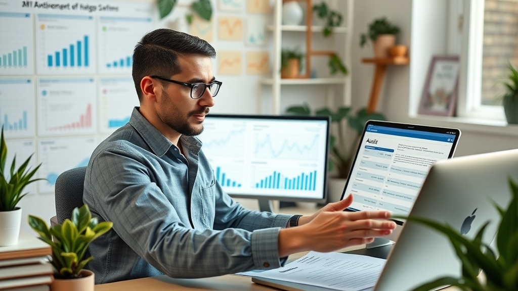 Diligent social media manager conducts a detailed audit of marketing data with multiple screens and analytics printouts - data audit process