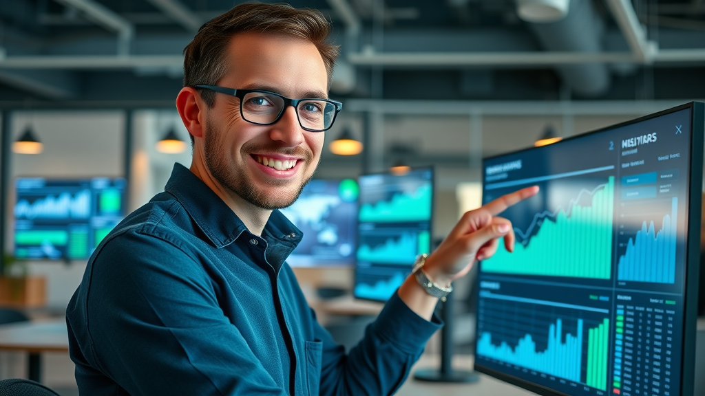 confident social media manager reviewing campaign dashboard for brand metrics, social media marketing, online marketing statistics