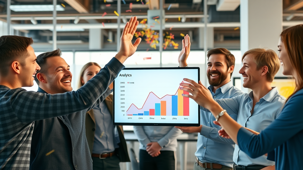 Excited business team celebrating rise in content marketing analytics graph in a high-energy workspace