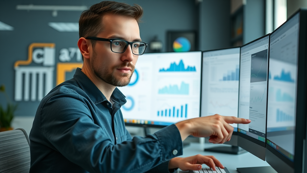Digital marketer reviewing Google Analytics and Search Console dashboards for SEO metrics