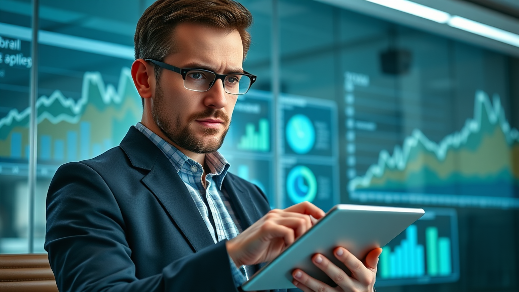SEO strategist setting actionable SEO KPIs on digital boardroom tablet