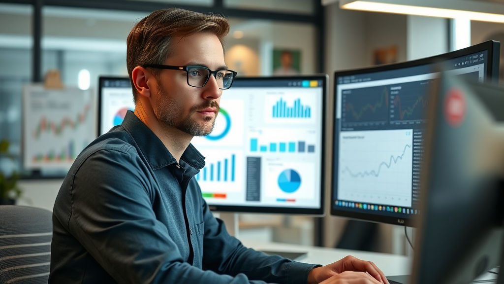 Focused marketing analyst analyzing dual social media marketing data monitors for campaign insights in a branded office