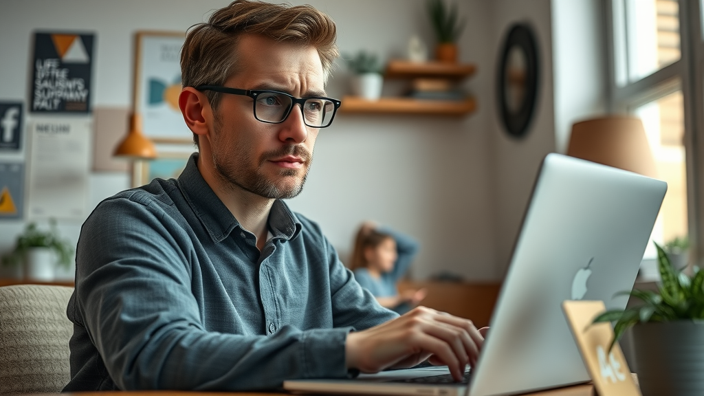 Thoughtful user reviewing bounce rate SEO metric on laptop in home office