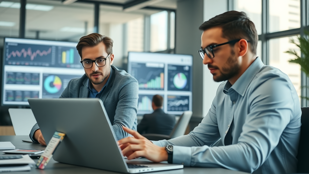 SEO team analyzing SEO performance metrics on digital dashboards in a modern office
