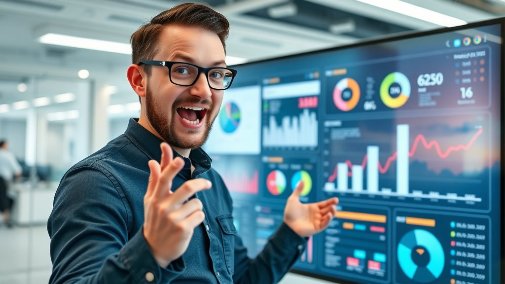Data analyst presenting interactive SEO performance dashboard with glowing infographics
