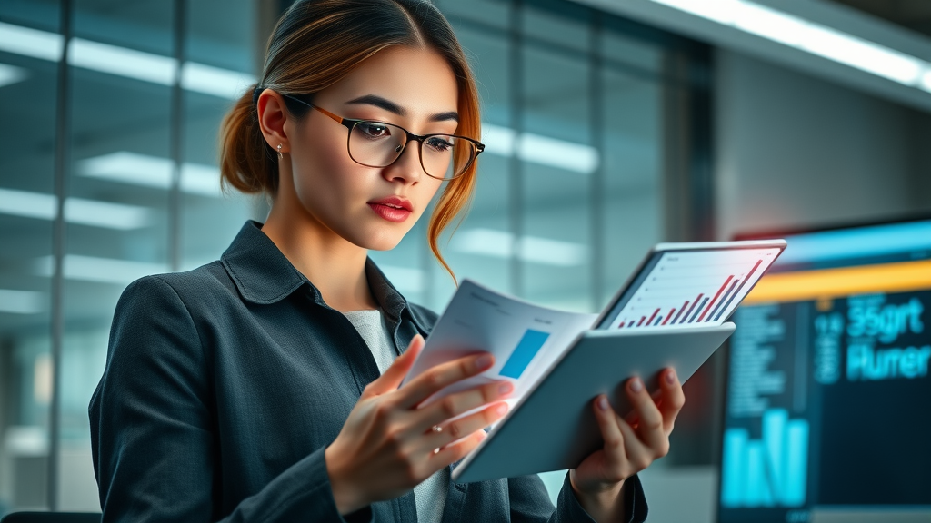 insightful marketer reviewing digital marketing statistics graph on tablet sleek tech office setting