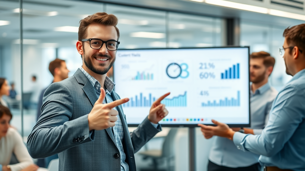 Confident data analyst presenting content marketing analytics and content performance trends on a digital monitor in a bright office setting