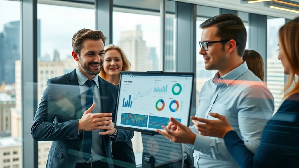 modern professional marketers analyzing digital marketing trends in a sleek urban office