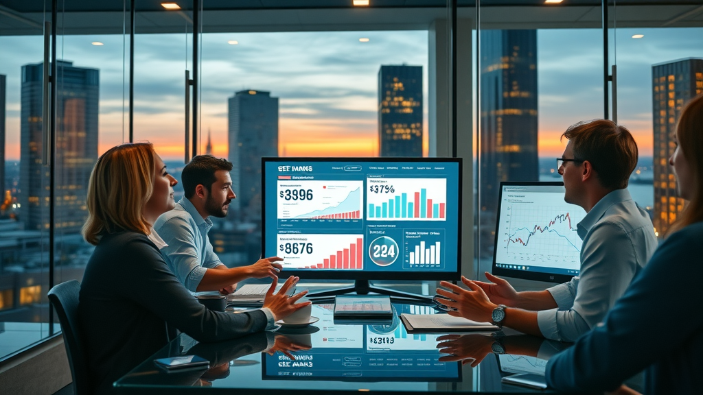 Innovative marketing team brainstorming around digital screens showing brand social media marketing data campaign analytics - marketing statistics