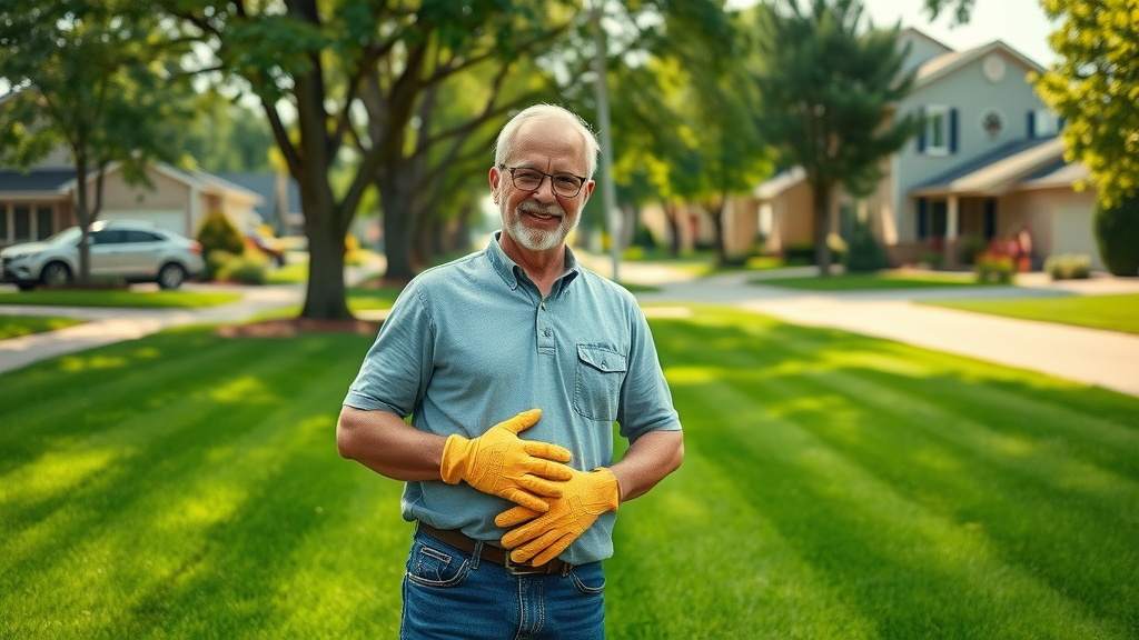 Lush green lawn in Portage, MI with proud homeowner, perfect lawn care scene