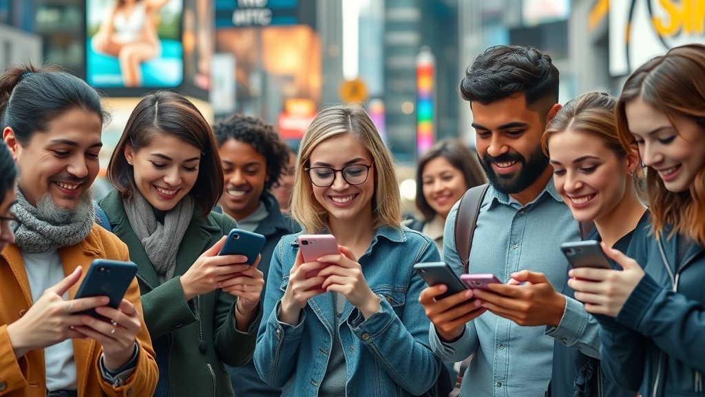 diverse group using social media apps, engaged with social media platforms, online marketing statistics
