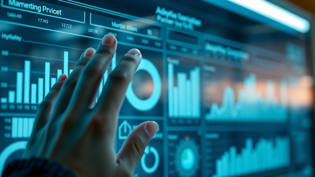 Sharp closeup of a digital marketing analytics dashboard displaying content marketing KPIs and interactive data visualizations