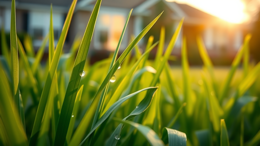 Close-up of healthy, green lawn grass in Portage, MI with dew and sunlight