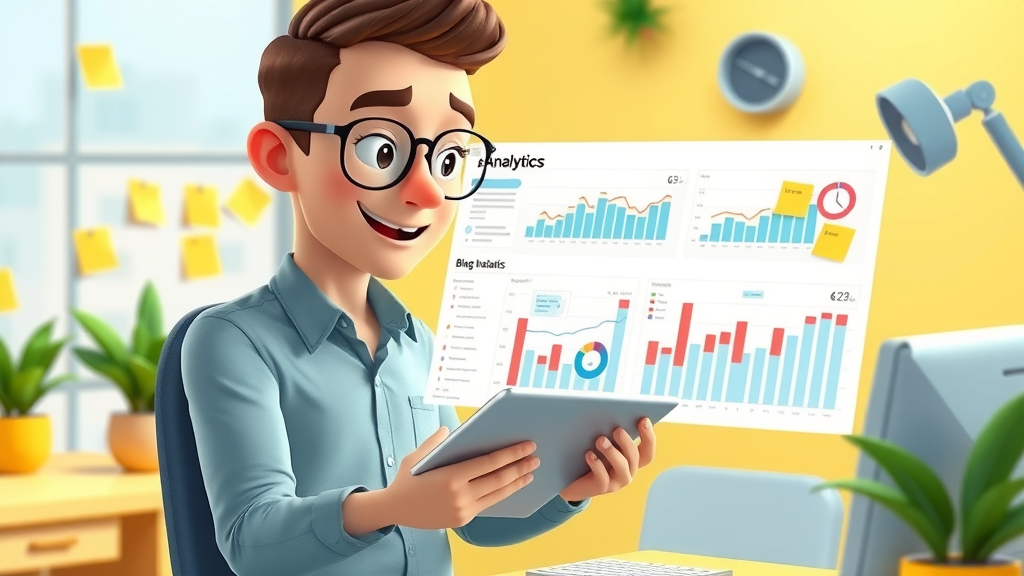 Animated marketer reviewing content analytics for a blog post on a digital chart in a bright workspace