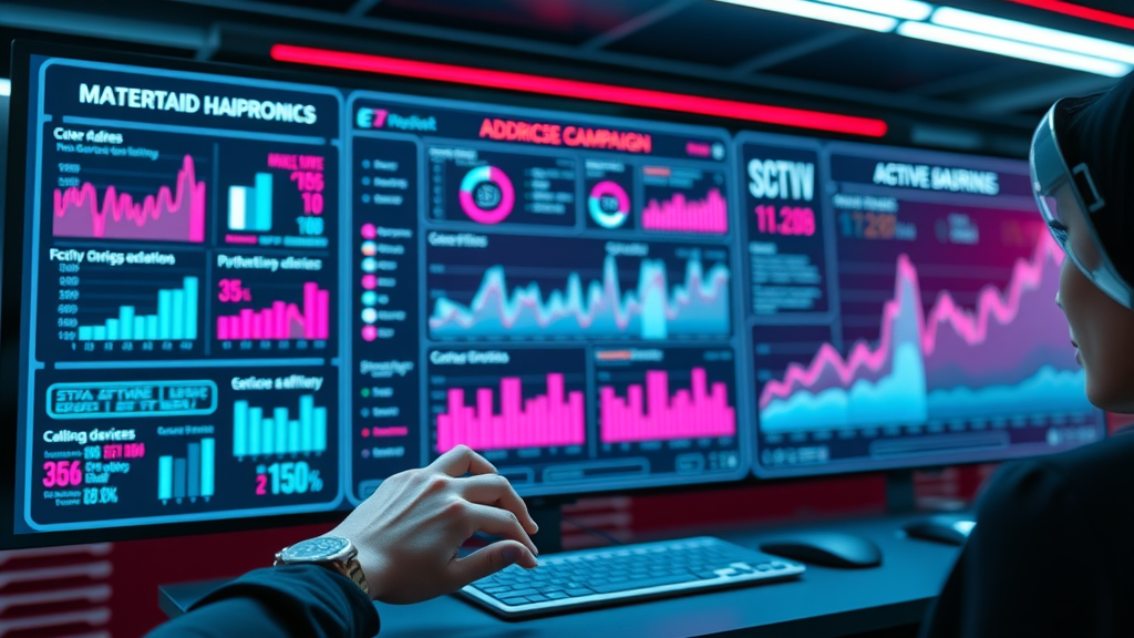 digital marketing statistics real-time digital ad performance dashboard futuristic office with holographic stats