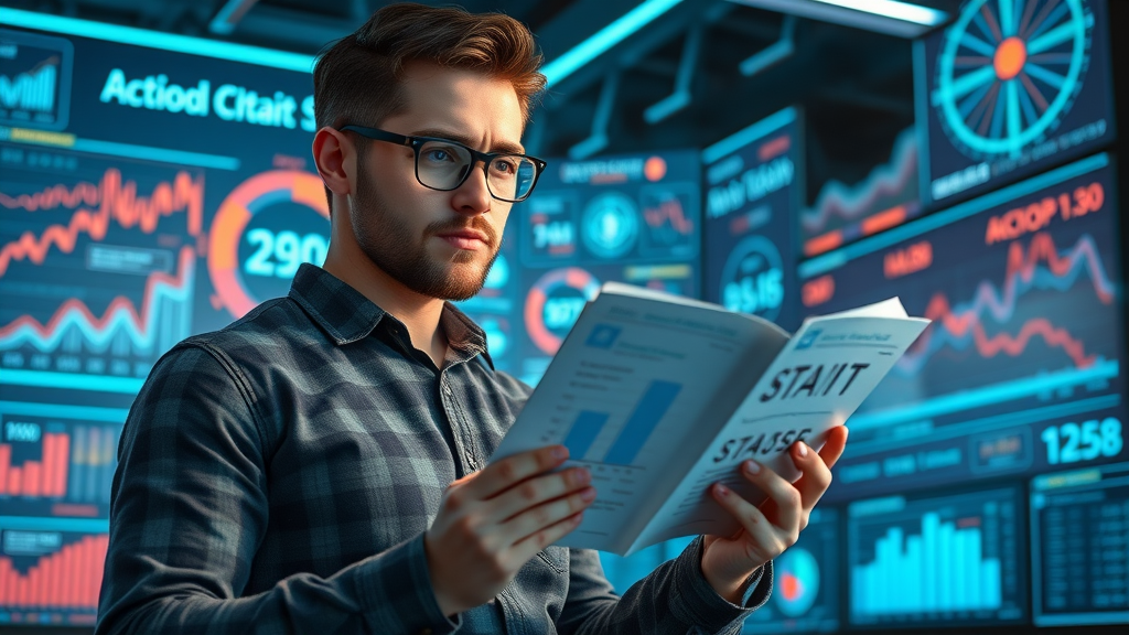 ambitious marketer inspired by digital marketing statistics holding actionable stat notepad in futuristic brainstorming room