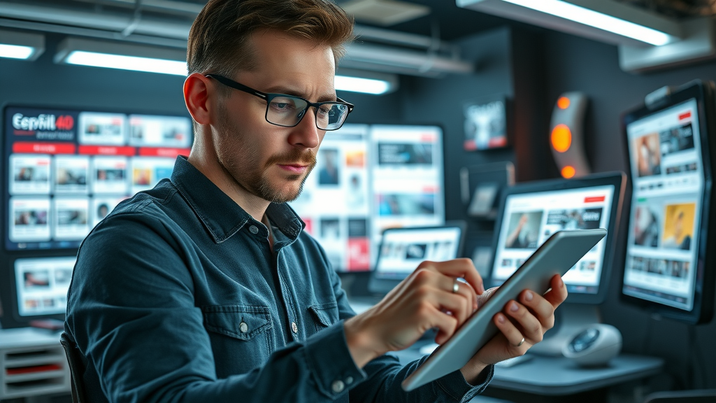 digital ad designer testing layouts on multiple devices for social media ad campaign, online marketing statistics