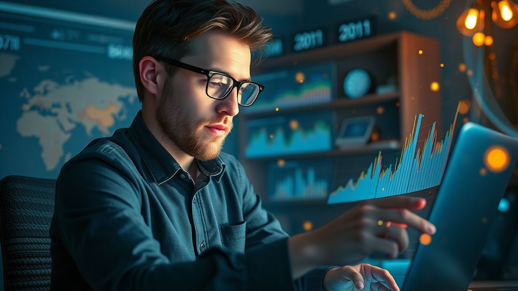 A digital marketer produces interactive social media marketing data ROI reports with floating charts and graphs - media ad performance