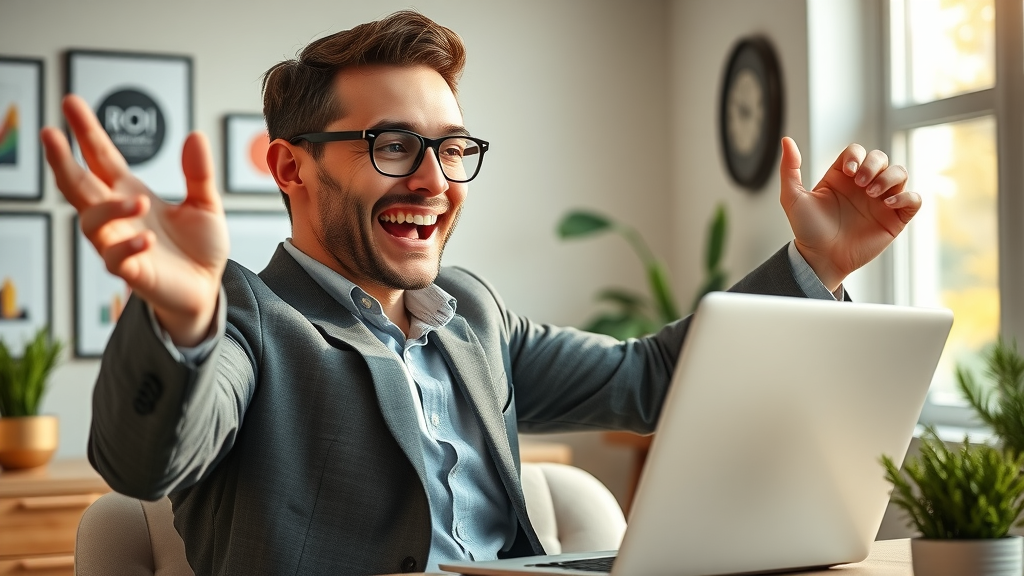 business owner celebrating ROI increase from online marketing statistics, analyzing marketing analytics