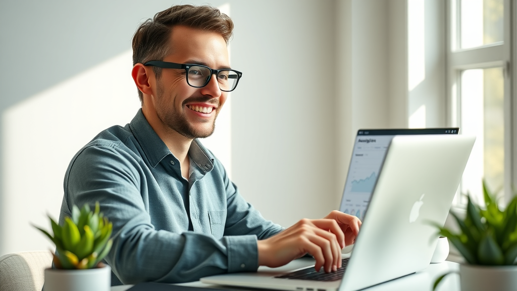 Professional marketer configuring Google Analytics dashboard for advanced content analytics in a bright, green-accented workspace