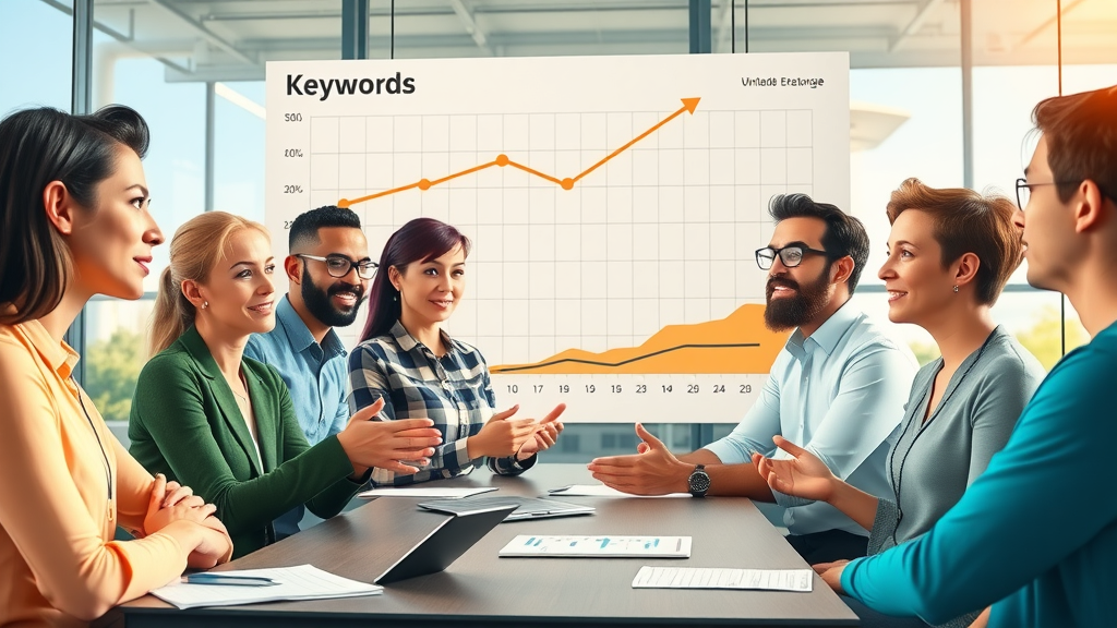Marketing team brainstorming about keyword ranking trends on wall charts
