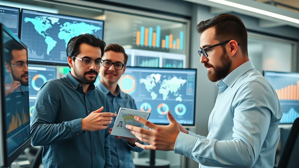 dynamic digital marketers analyzing global consumer data with modern digital dashboards, online marketing statistics