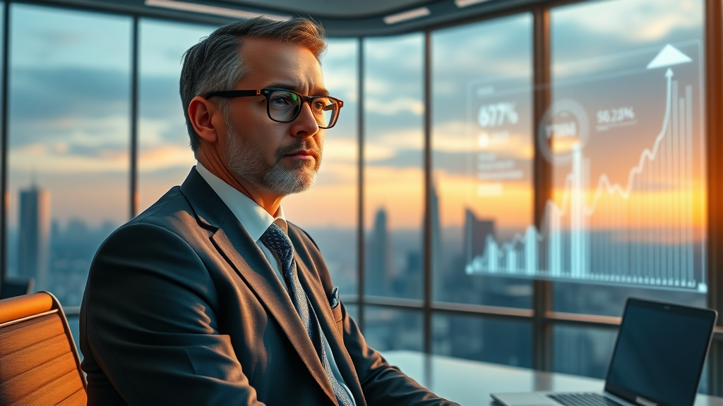 digital marketing statistics business leader reflecting on marketing growth charts futuristic city skyline holographic stats