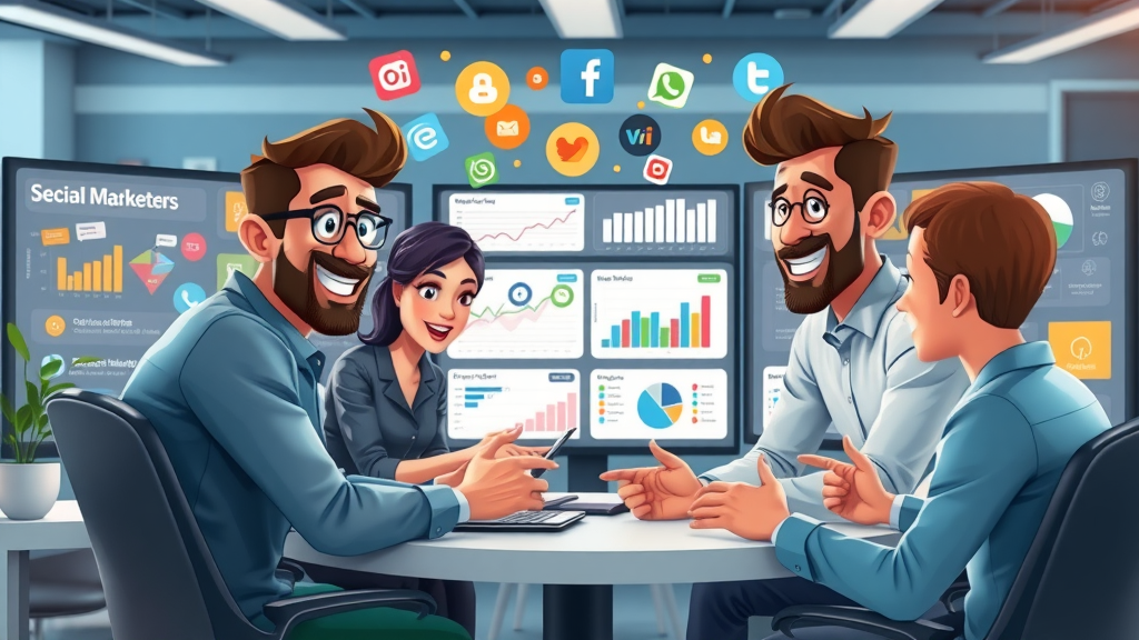 digital marketing statistics marketers strategizing around social media dashboards colorful creative workplace