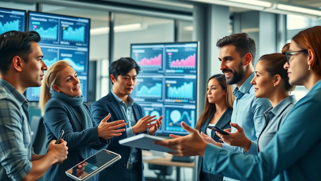 A dynamic group of marketers collaborating on social media data analytics strategies in a modern office, digital screens displaying social media statistics - social media marketing data