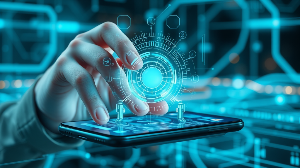 Modern AI-driven interface analyzing and personalizing content on a smartphone, representing AI in mobile marketing trends for 2024.