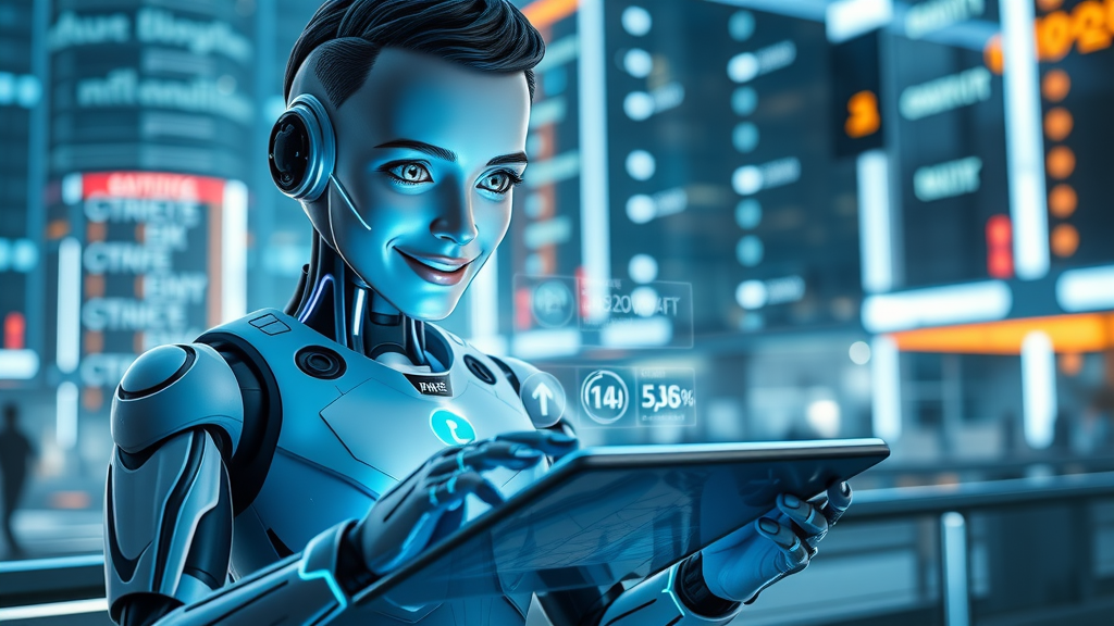 AI in digital marketing Columbia SC - Futuristic AI chatbot assisting business user with marketing stats in city-themed background