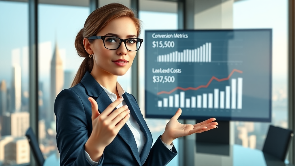 analytical businesswoman presenting conversion rates and cost per lead metrics for digital advertising ROI