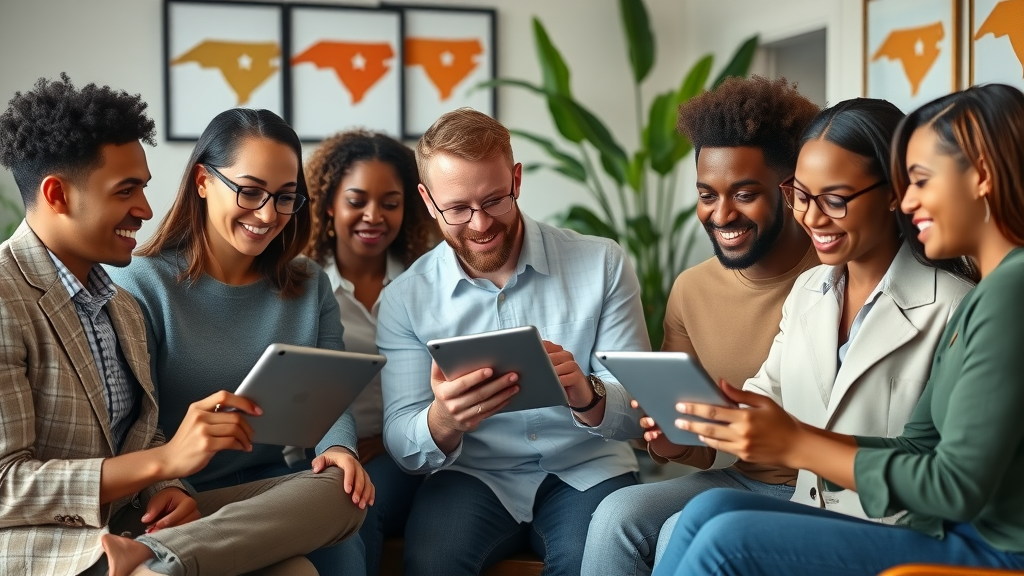 Dynamic group of South Carolina business owners reviewing marketing analytics on tablets, confident and engaged – columbia sc digital marketing