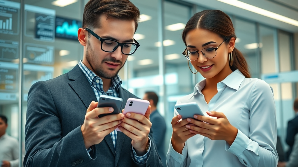Business professionals using smartphones to analyze mobile marketing data and trends in a modern office with digital analytics displays.