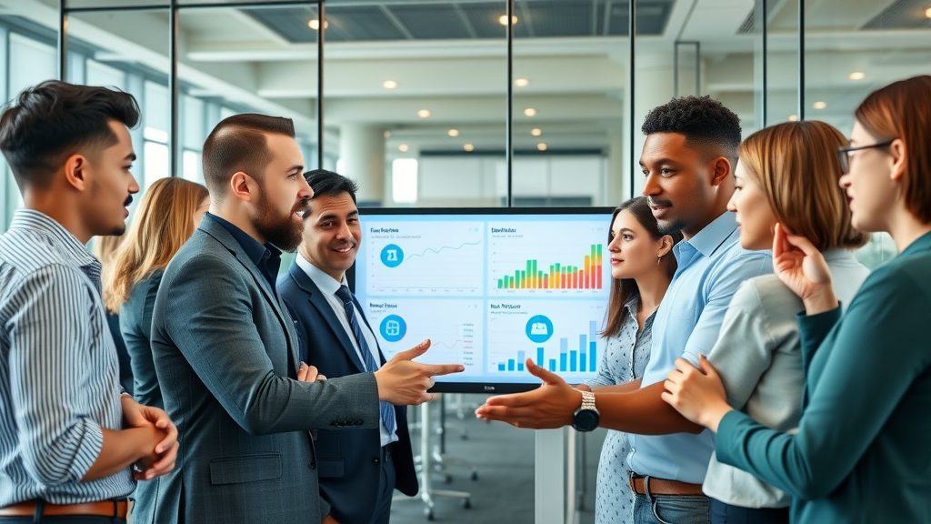 marketing campaign benchmarks: Diverse marketing team discussing campaign performance around a digital dashboard in a modern office setting