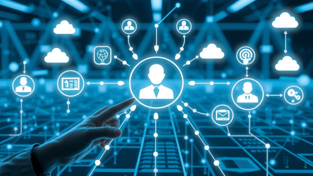 ai voice agent icons connected to various business tools and crm software, showing integration and workflow connections, blue and white network grid
