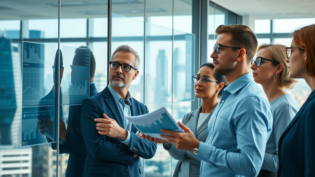 dynamic business professionals analyzing performance metrics for digital advertising ROI, modern corporate office with digital dashboards